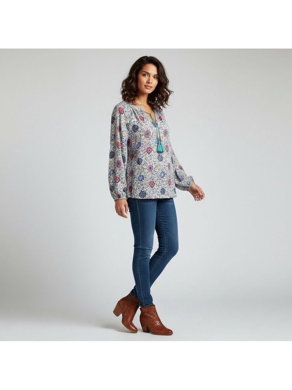 Boden Floral Cotton Tassel Tie Boho Peasant Blouse Plus Size 14